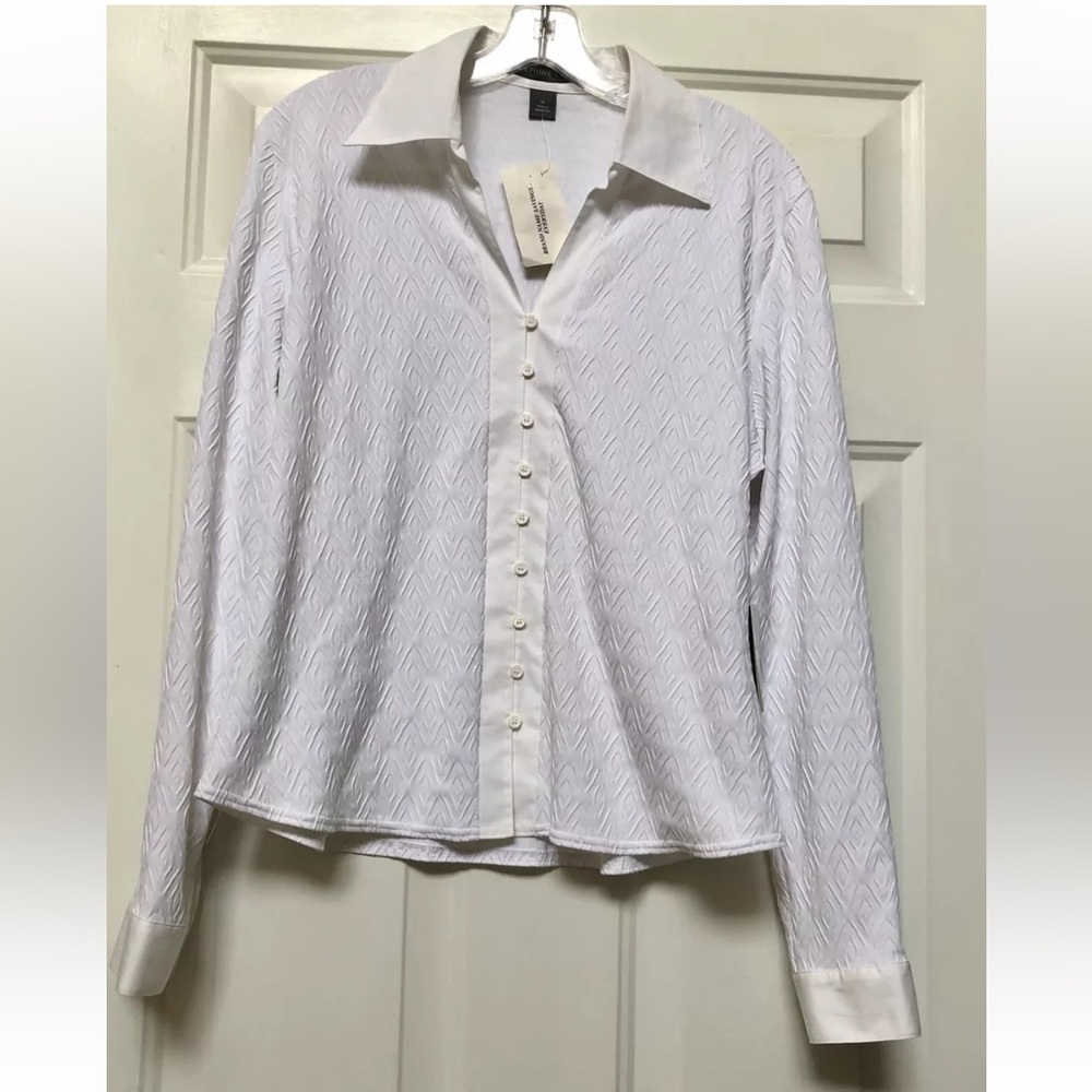 JOSEPHINE CHAUS WOMEN'S PLUS SIZE 14TOP BLOUSE COLLARED NECK WHITE LONG SLEEVES